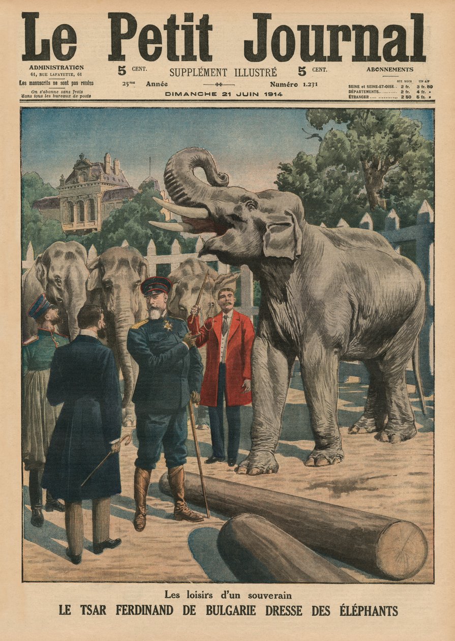 Fritiden til en suveren, tsar Ferdinand I fra Bulgaria som temmer elefanter, illustrasjon på forsiden fra 