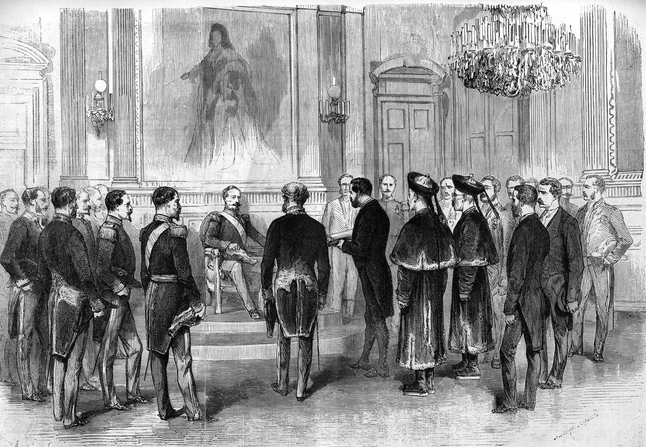Keiser Napoleon III (1808-1873) tar imot kinesiske ambassadører og deres tolker i Salon des Tuileries i Paris av French School