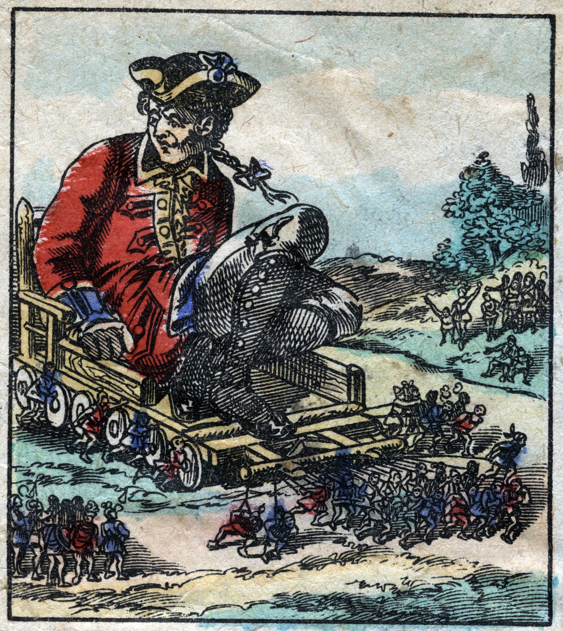Lemuel Gulliver, a prisoner is transported on a cart pulled by the Lilliputians. Illustration for “” Gulliver