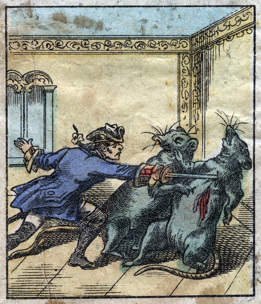 Lemuel Gulliver kjemper mot rotter i landet til gigantene i Brobdingnag. Illustrasjon for "" Gulliver