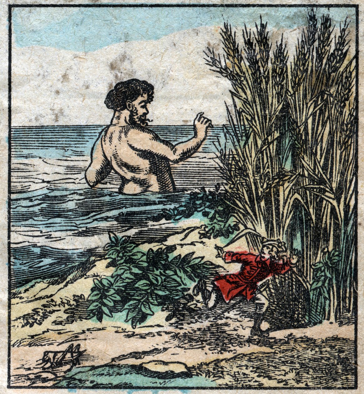 Lemuel Gulliver hides from a giant in Brobdingnag. Illustration for “” Gulliver