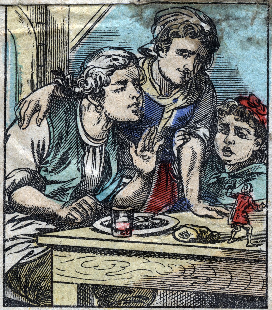 Lemuel Gulliver på bordet til Glumdalclitch-familien, i landet til gigantene i Brobdingnag. Illustrasjon for "" Gulliver