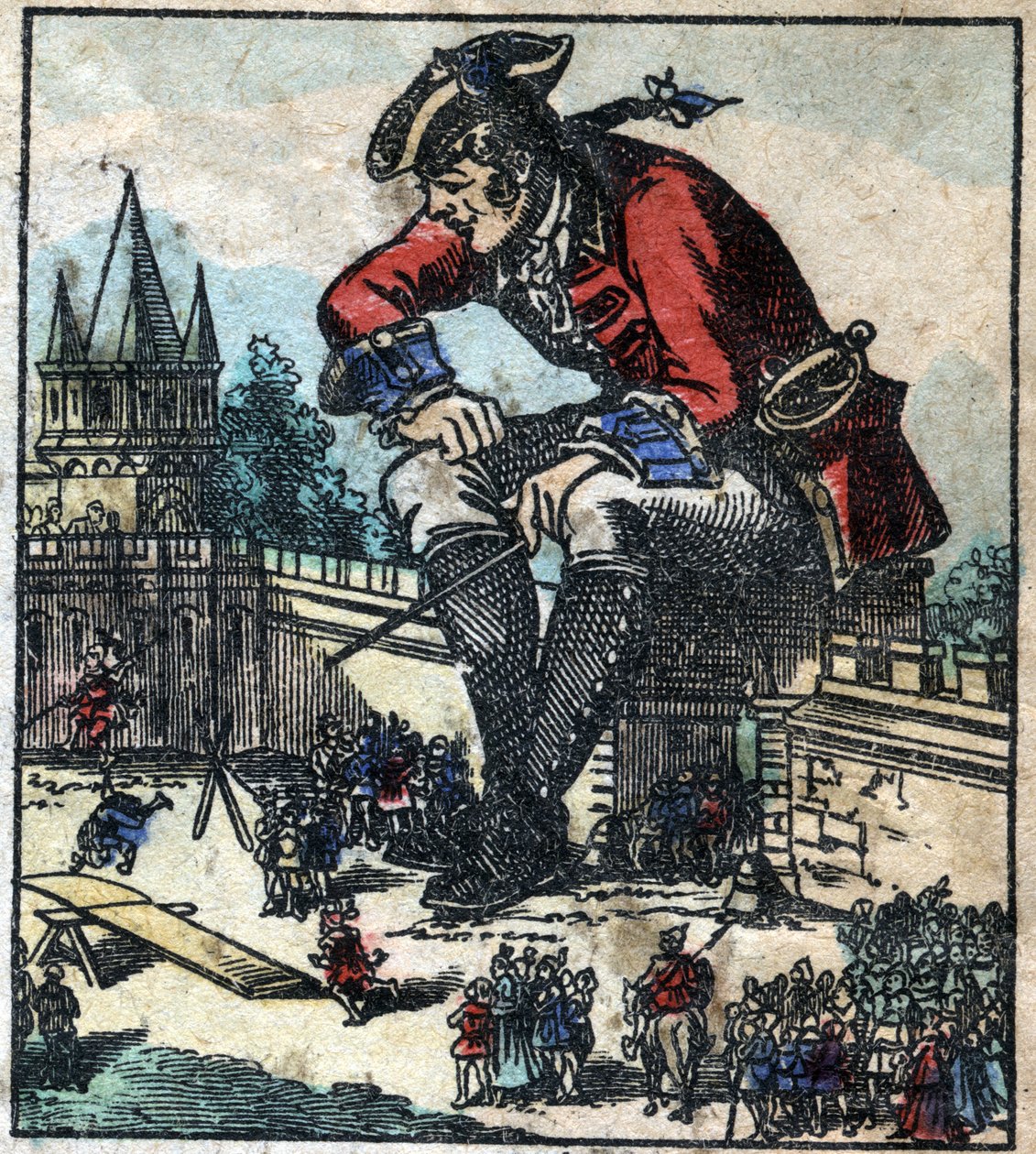Lemuel Gulliver som sitter på byens festningsmur forklarer strategien for den lilliputiske hæren. Illustrasjon for "" Gulliver