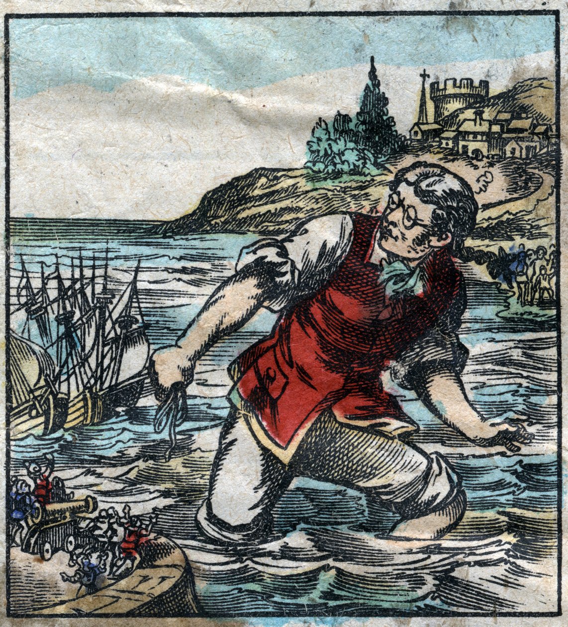Lemuel Gullliver avfyrte skipene fra Blefuscu-hæren til hovedstaden Lilliput. Illustrasjon for "" Gulliver