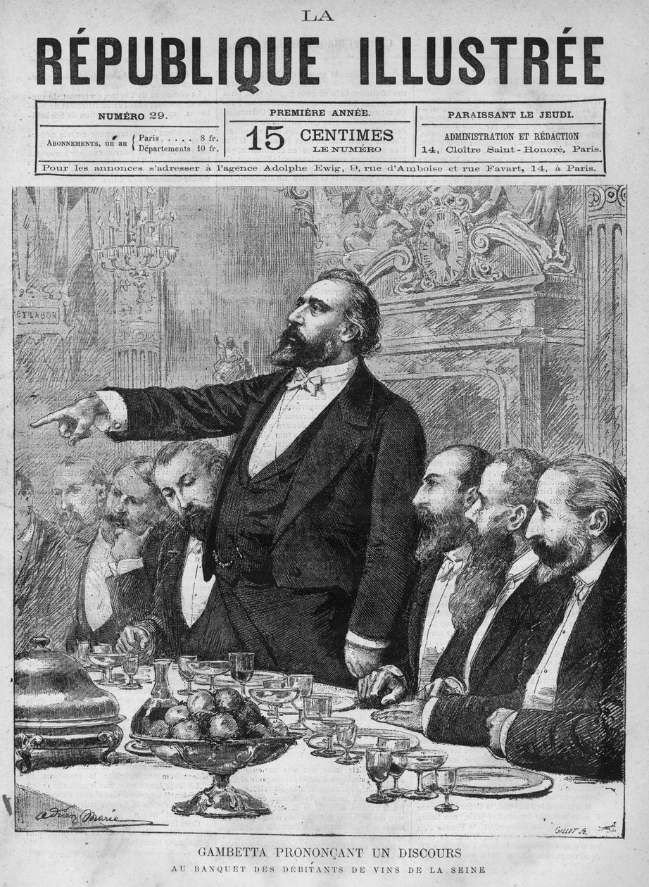 Leon Gambetta (1838-1882) giving a speech at the banquet of the wine debiters of the Seine. A newspaper. Engraving from 1880 in “La republique illustree”” private collection. av French School