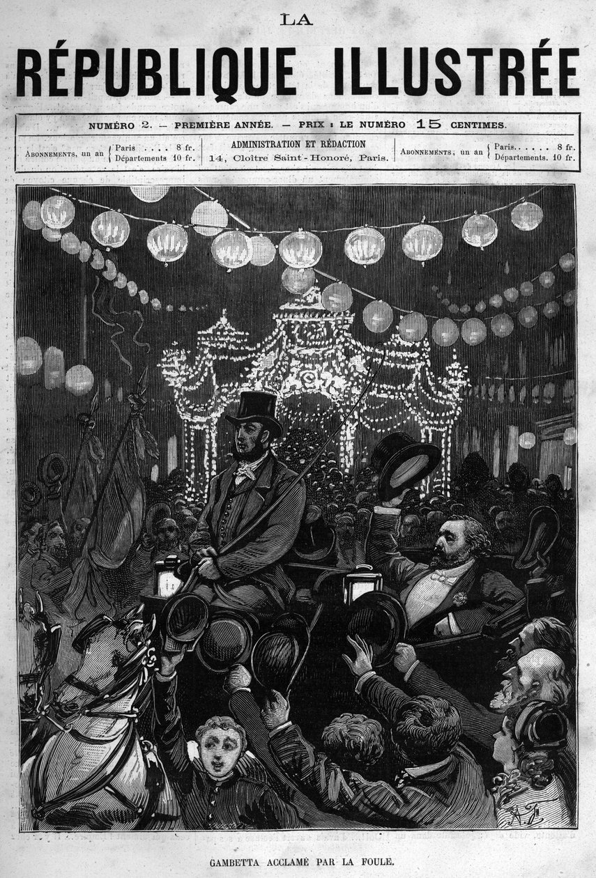 Leon Gambetta (1838-1882) greets the statue on the Place de la Republique in Paris. A newspaper. Engraving from 1880 in “La republique illustree”” private collection. av French School