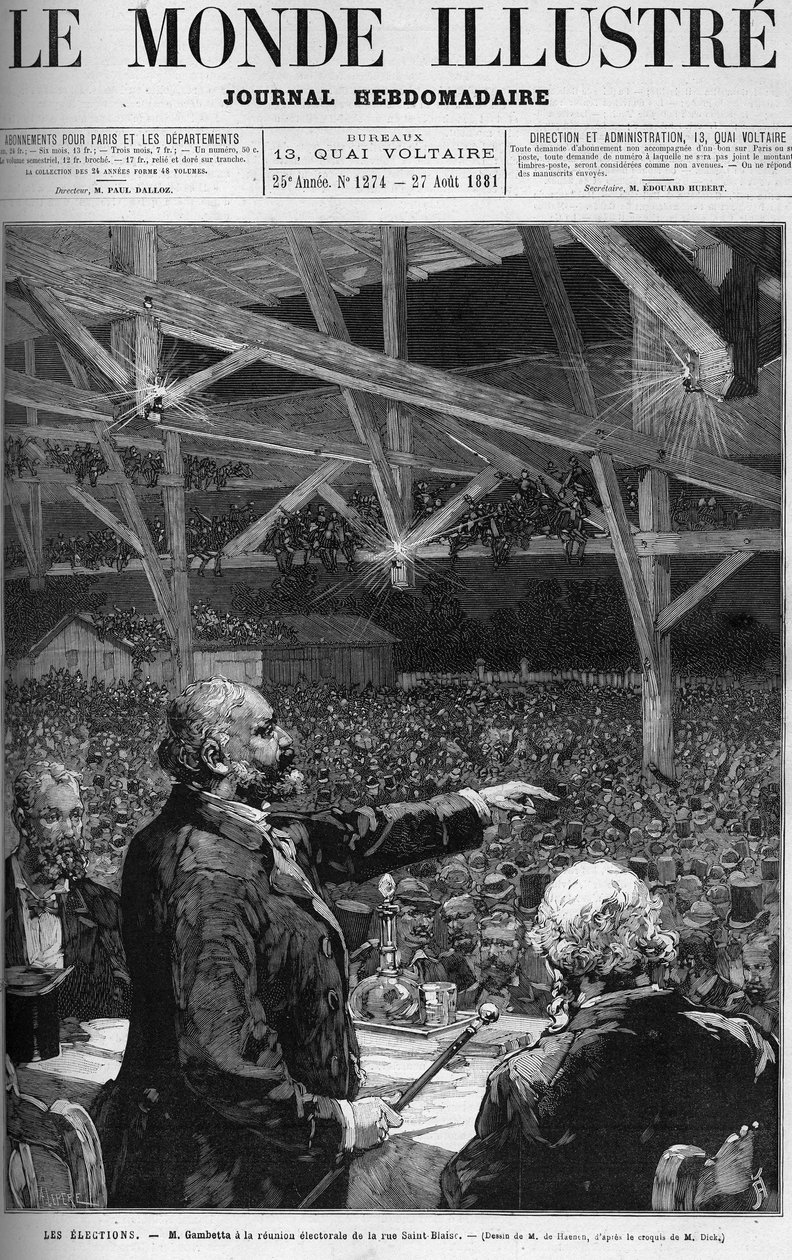 Leon Gambetta at the election meeting of rue Saint Blaise in Belville in Paris invited by the radical committee of the 20 arrondissement. Cover of the “The Illustrous World” of August 27 av French School