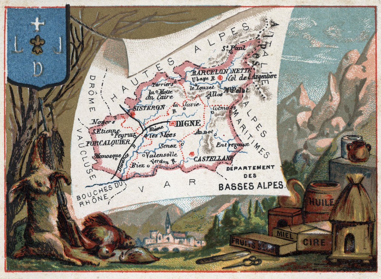 Les Basse Alpes (Basse-Alpes), Today department of the Alpes-de-Haute-Provence (Alpes de Haute-Provence 04), France. Local speciality: hunting, wax, honey, dried fruits and oil. Series on the French Departments. Chromolithography (Chromo) “” the geographic av French School