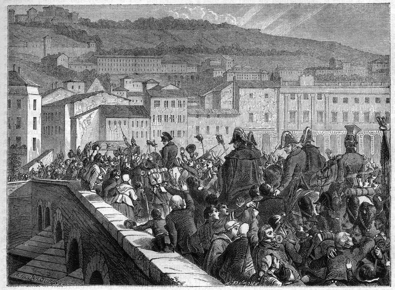 The Hundred Days: Napoleons triumfinngang til Lyon 10. mars 1815 - i "History of the Empire following the history of the consulat" av Adolphe Thiers - 1879 - privat samling av French School