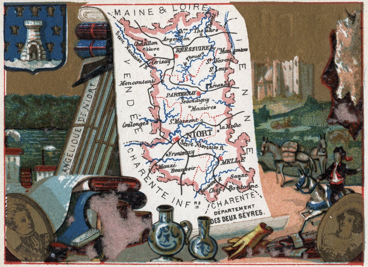 Les Deux Sevres (Deux-Sevres, 79), Poitou Charente (Poitou-Charente), Frankrike. Niorts engle. Serie om de franske avdelingene. Chromolithography (Chromo) "" den geografiske tråden"", ca 1920. Privat samling. av French School