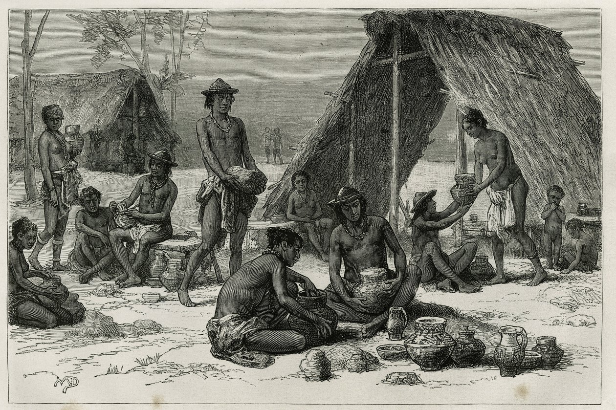 Les Indiens Galibis (eller Kalinas) som lager keramikk, gravering av D. Maillart, for å illustrere utforskningsreisen i det indre av Guyana av Dr. Jules Crevaux, lege ved den franske marinen, i 1876-1877, publisert i tour du monde , under ledelse o av French School