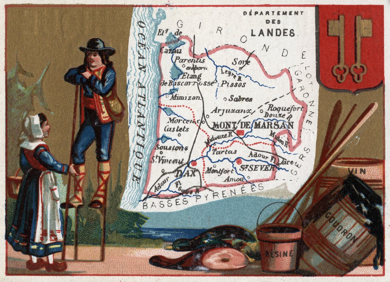 Les Landes (40), Aquitaine, Frankrike. Serie om de franske avdelingene. Lokal spesialitet: tjære og vinharpiks. Shepherd of the Landes. Chromolithography (Chromo) "" den geografiske tråden"", ca 1920. Privat samling. av French School