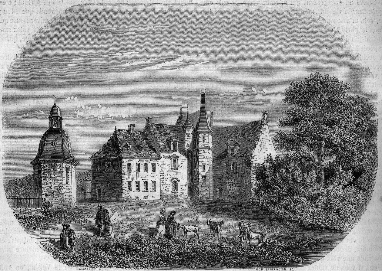 Les Rochers, hjemmet til Madame de Sevigne (Marie de Rabutin-Chantal eller Rabutin Chantal, Marquise de Sevigne dit) (1626-1696). Glass, Island og Vilaine (35). Gravering av Lancelot i "" The Picturesque Store"" av French School