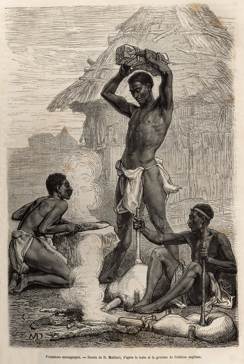 Les blacksmiths mannganyas, i en landsby langs Loualaba-elven (dagens Kongo-elven), gravert etter en tegning av D.Maillard, som illustrerer David Livingstones siste dagbok (1813-1873), i 1866-1873, publisert i "" Le tour du monde”” 1875, redigert av av French School