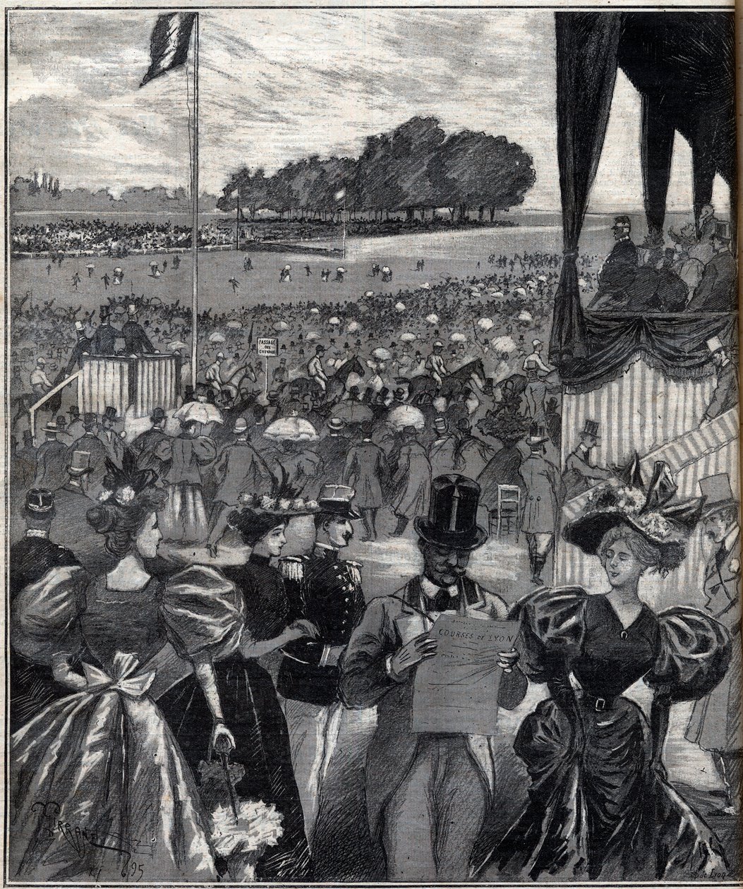Les courses de lyon (racetracks de Lyon) - after the grand prix - engraving in “Le Progres illustrious”” of 1895 av French School