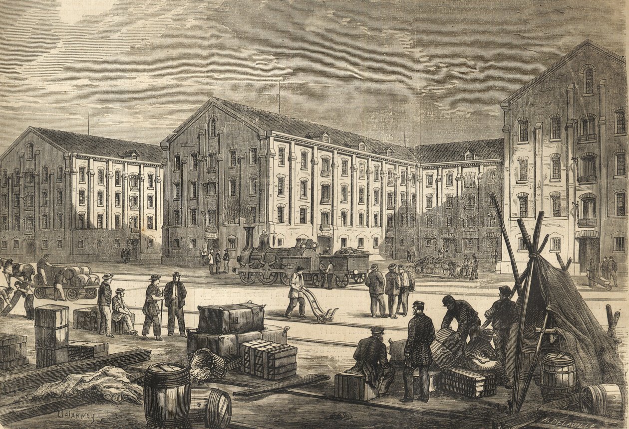Les docks de Rouen en en 1866 - The docks of Rouen in 1866 - engraving av French School