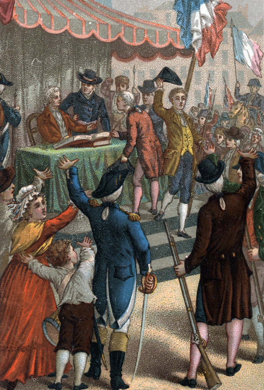 Frivillige påmeldinger (foran teateret i Odeon, Paris), La Patrie en danger, 22. juli 1792. av French School
