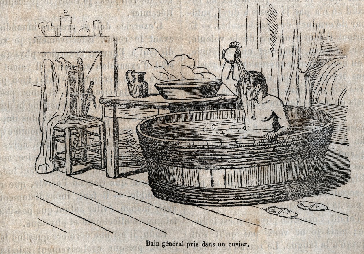 Badebevegelser - Hygiene på 1800-tallet - bad i en skål - gravering i "La Sante Universelle - Guide Medical des Familles" 1852 av French School