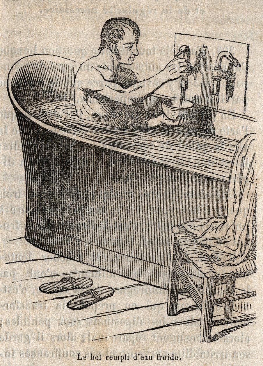 Badebevegelser - Hygiene på 1800-tallet - mann i badekar - gravering i "La Sante Universelle - Guide Medical des Familles" 1852 av French School