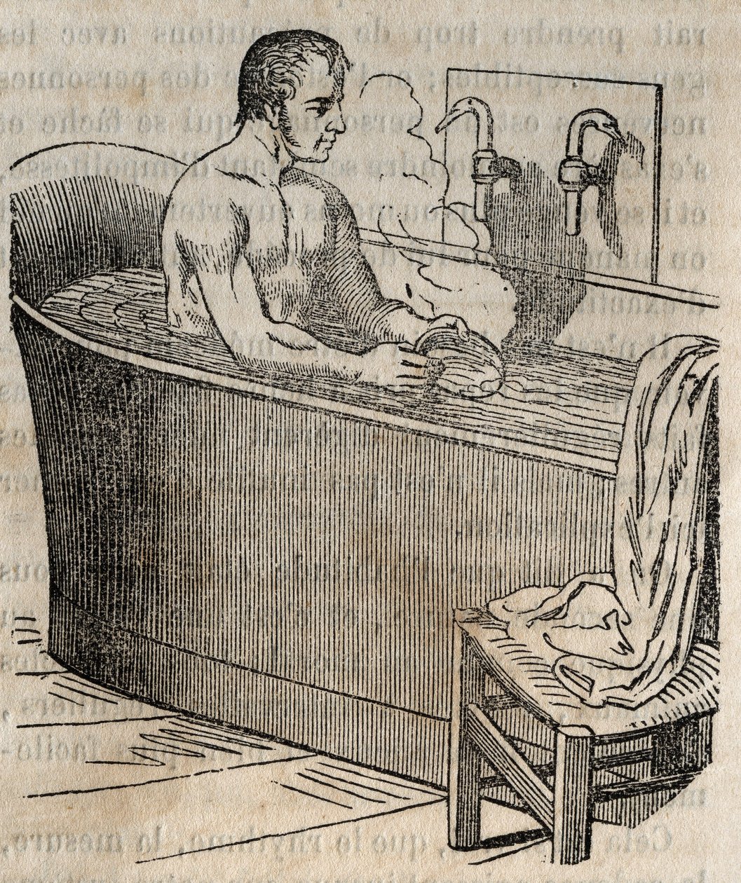 Badebevegelser - Hygiene på 1800-tallet - mann i badekar - gravering i "La Sante Universelle - Guide Medical des Familles" 1852 av French School