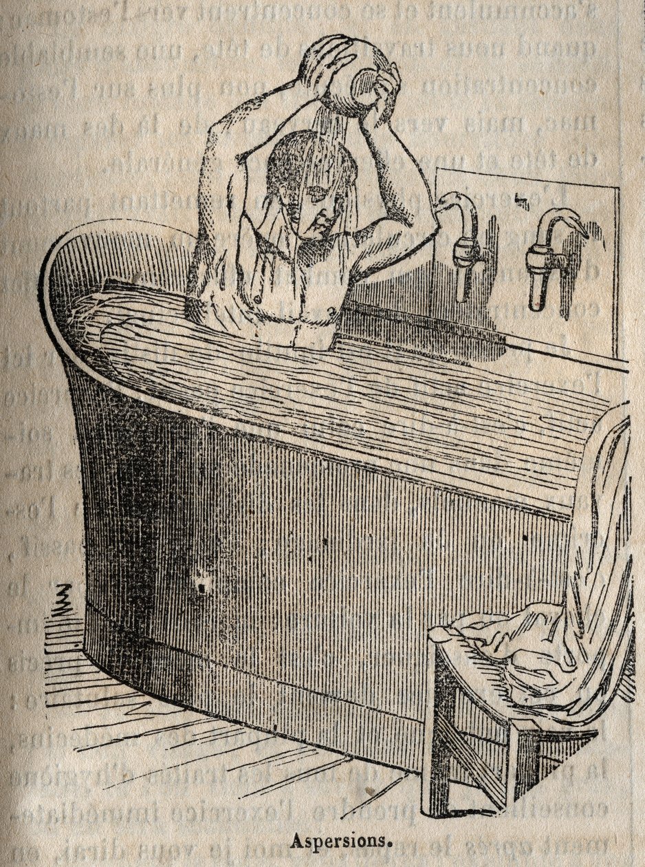 Badebevegelser - Hygiene på 1800-tallet - mann i badekar - gravering i "La Sante Universelle - Guide Medical des Familles" 1852 av French School