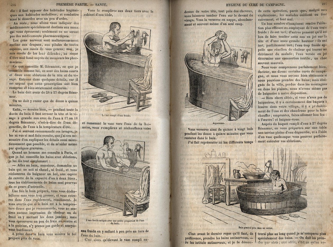 Badebevegelser - Hygiene på 1800-tallet - mann i badekar - gravering i "La Sante Universelle - Guide Medical des Familles" 1852 av French School