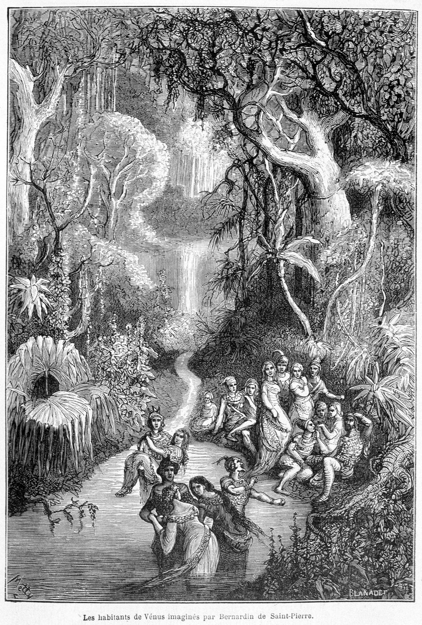 Innbyggerne på Venus forestilt av Henri Bernardin de Saint Pierre (Saint-Pierre eller St-Pierre), fransk forfatter (1737-1814) - i "Himmelens land" av Camille Flammarion, red. Marpon & Flammarion, Paris av French School
