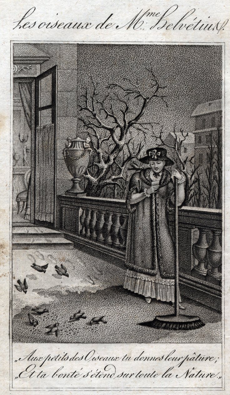 Fuglene til Madame Helvetius (Anne Catherine Helvetius) i "Råd til min datter" av Jean Nicolas Bouilly (1763-1842). 1820. Privat samling. av French School