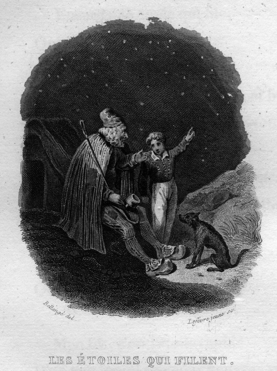 Stjernene som spinner Chanson de Beranger i "" Oeuvres completes"" (1834) av Pierre Jean de Beranger (1780-1857), fransk poet og låtskriver. av French School