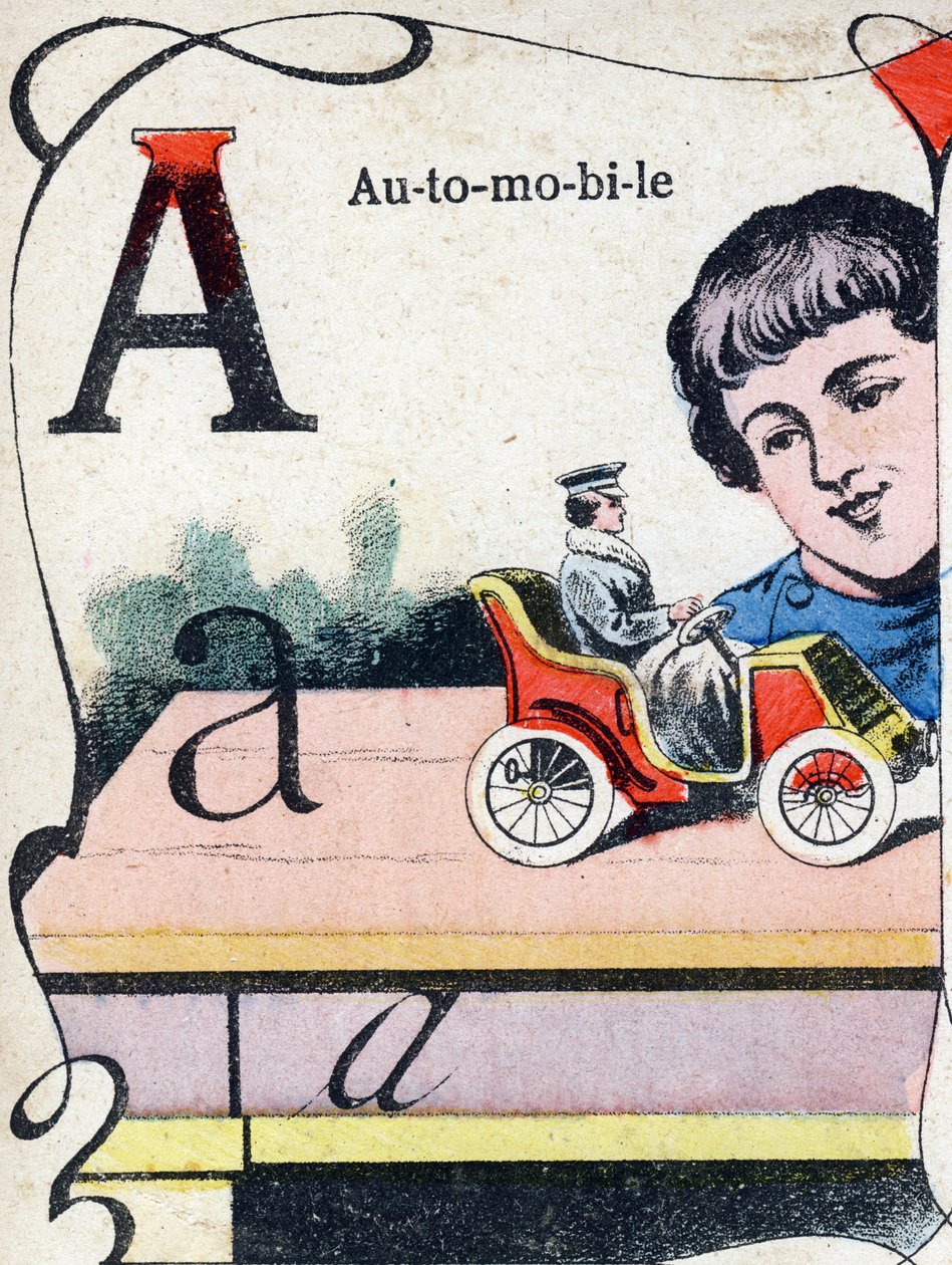 Bokstav A bil. Gravering i "ABC des joux pour petits boys". Avbildning av Pont-a-Mousson, Louis Vagne, trykkeri-utgiver, sent på 1800-tallet. Mål: 32,5x25 cm av French School