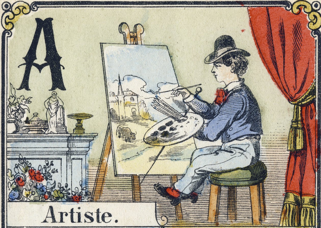 Bokstav A: kunstner. Rekreativt alfabet. Epinal avbildning. Sjablongert trestikk, ca 1880. Lite hefte på 16 sider (205 x 150 mm). Privat samling av French School