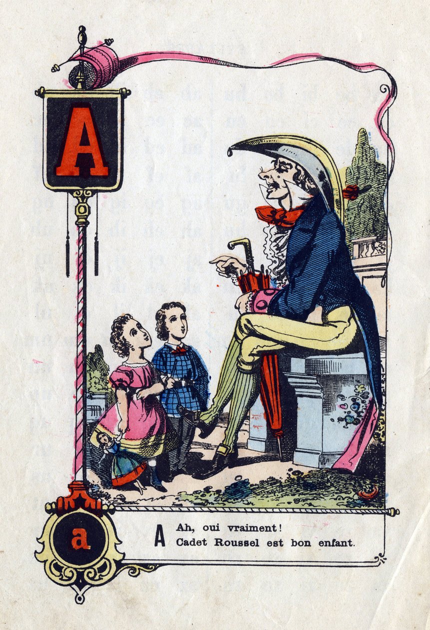 Bokstaven A som "" Ah ja, virkelig kadett roussel er et barn"" Komisk alfabet (abecedary) i berømte ordtak. Avbildning av Epinal, rundt 1850-1860). Mål: 21x15 cm. Privat samling. av French School