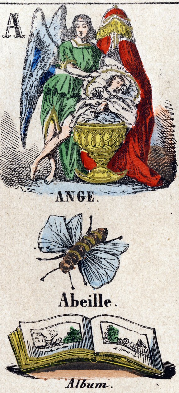Bokstav A som Angel, Bee og Album. En beskyttende engel nær et barn som sover i en vugge. Lite encyklopedisk alfabet. Avbildning av Epinal, ca 1860. Trestikk, stensilert med forgylling. Mål: 37,8x50,3cm. Privat samling av French School