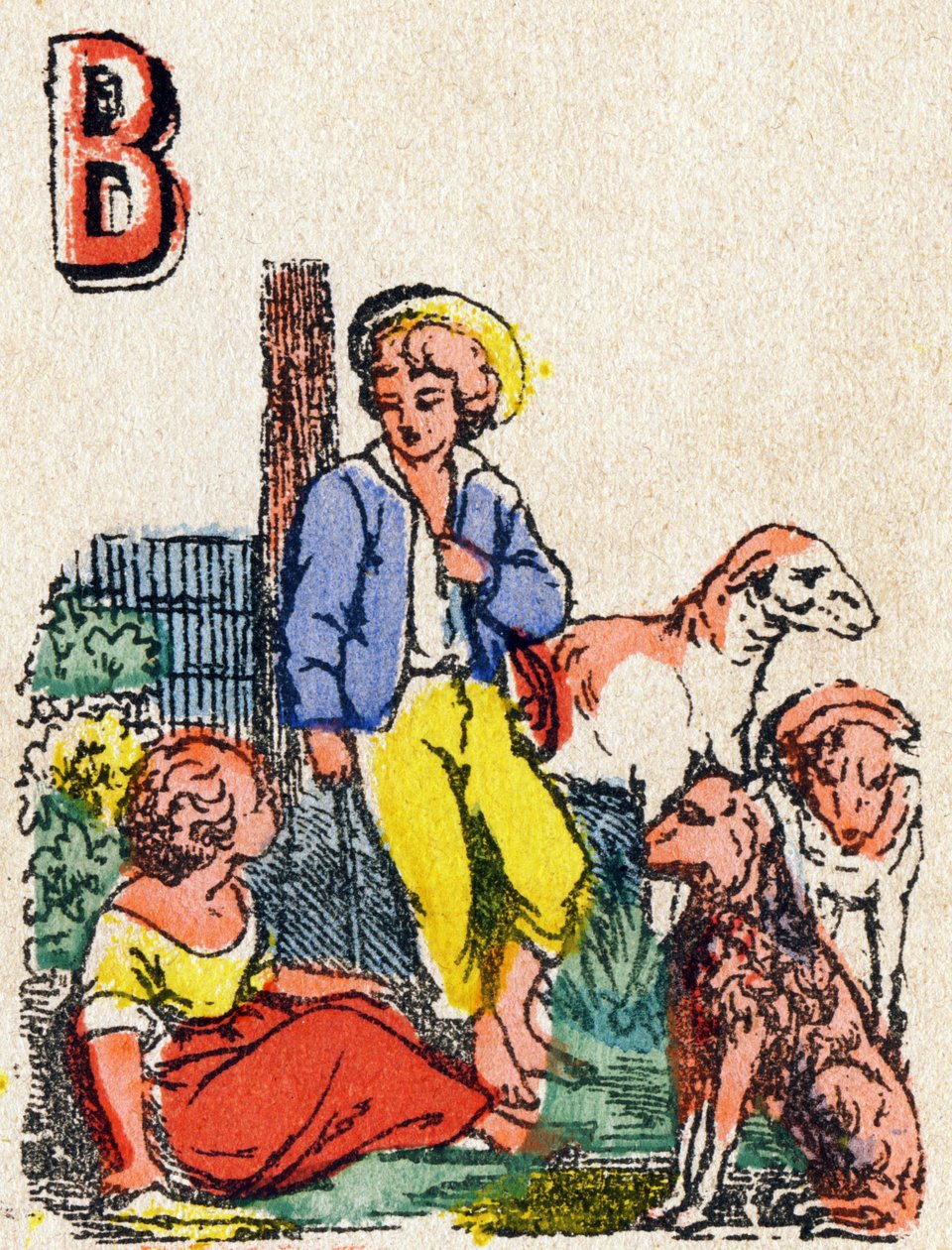 Bokstav B Hyrder. Gravering i "Alphabet des jeux"". Mr. Vagne, redaktør, Pont-a-Mousson, sent på 1800-tallet. Rosa serie. 12 sider. Album som inneholder en forenklet lesemetode og et illustrert abecedary. Mål: 16,5x11 cm av French School