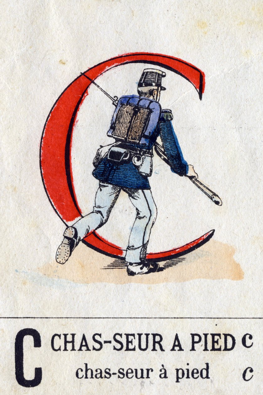 Bokstaven C som fotjeger. Militært alfabet (ABC eller abecedary). Avbildning av Epinal, rundt 1870-1880). Sjablongfargede tresnitt. Privat samling av French School
