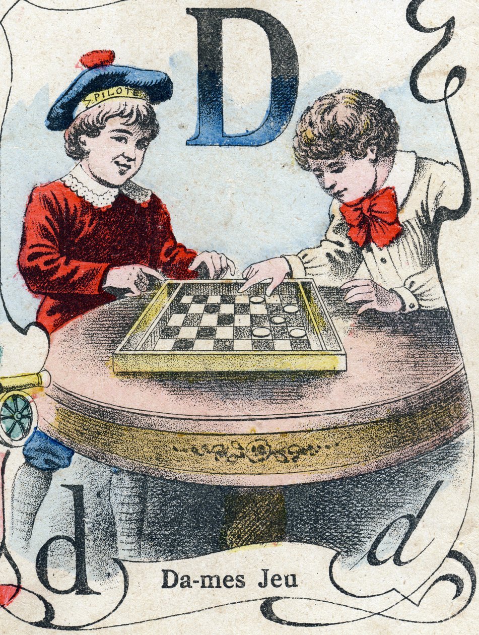 Bokstav D: Damspill. Gravering i "ABC des joux pour petits boys". Avbildning av Pont-a-Mousson, Louis Vagne, trykkeri-utgiver, sent på 1800-tallet. Mål: 32,5x25 cm av French School