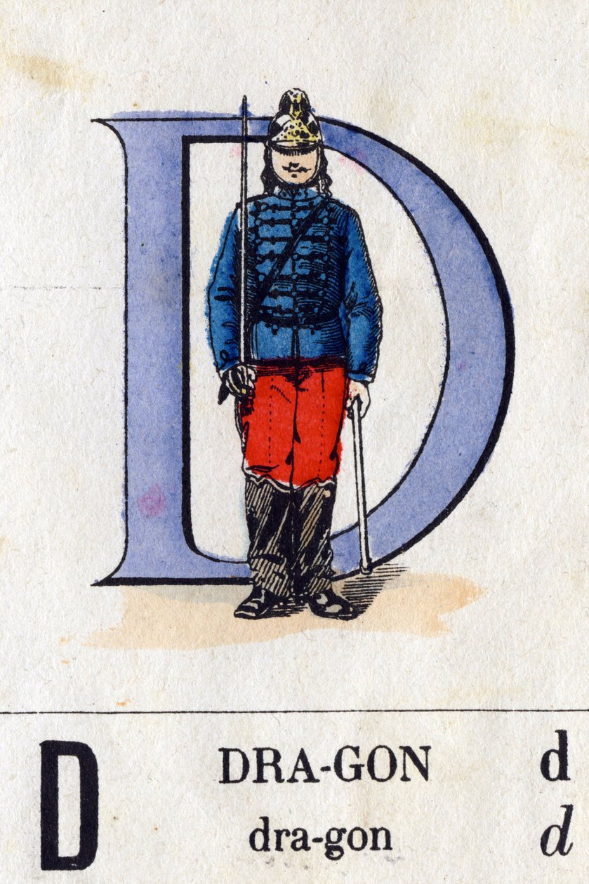 Bokstaven D som drage. Militært alfabet (ABC eller abecedary). Avbildning av Epinal, rundt 1870-1880). Sjablongfargede tresnitt. Privat samling av French School