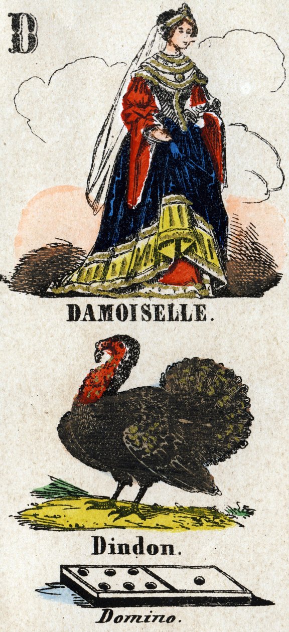 Bokstaven D som damoiselle, kalkun og domino. Lite encyklopedisk alfabet. Avbildning av Epinal, ca 1860. Trestikk, stensilert med forgylling. Mål: 37,8x50,3cm. Privat samling av French School