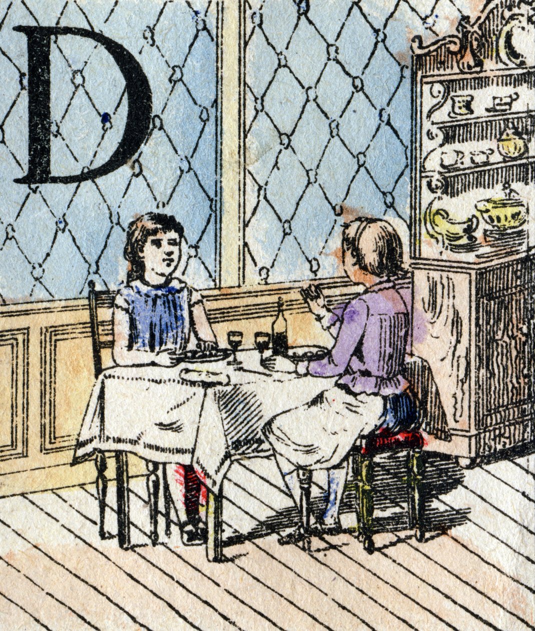 Bokstav D, jente som spiller dinette. ABC av småjentene. Epinal avbildning av French School
