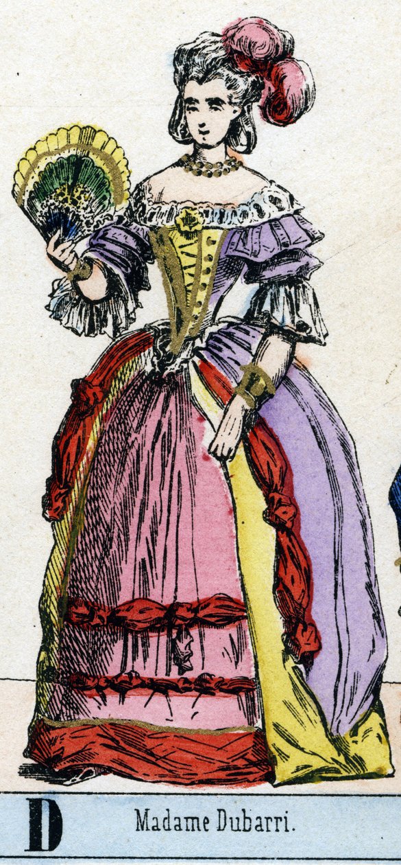 Bokstav D som fru Dubarri. Portrett av Jeanne Becu, dit de Cantigny, grevinne du Barry (1743-1793) favoritt til Louis XV, konge av Frankrike. Abecedary ved Teatermuseet. Avbildning av Epinal, ca 1830. Mål: 37,7x47,5cm. Graveringer på tre, stensilert med av French School