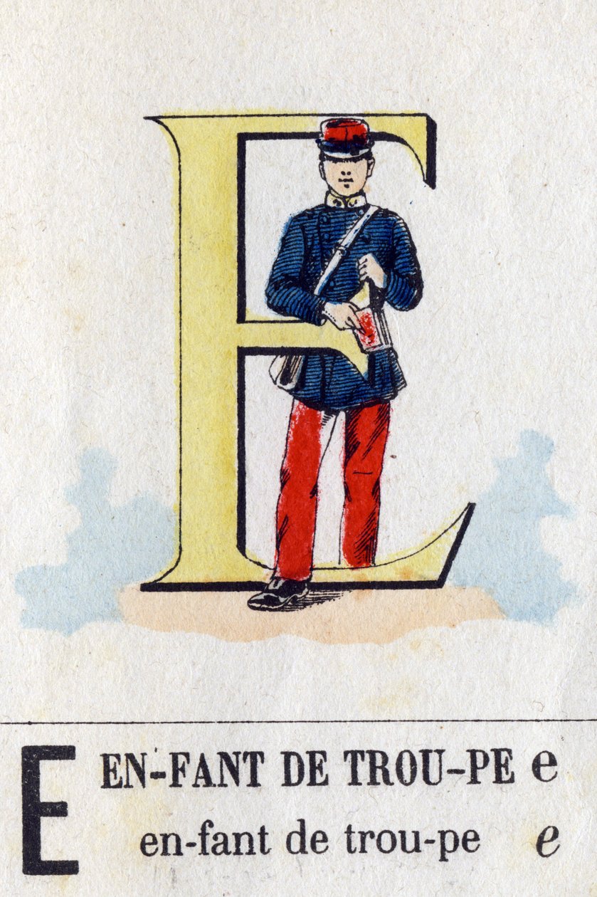 Bokstav E som troppsbarn. Militært alfabet. Avbildning av Epinal, rundt 1870-1880. Sjablongfargede tresnitt av French School