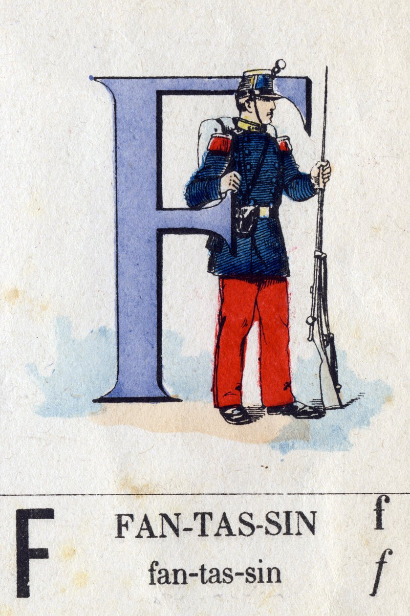 Bokstaven F som infanterist. Militært alfabet. Avbildning av Epinal, rundt 1870-1880. Sjablongfargede tresnitt av French School