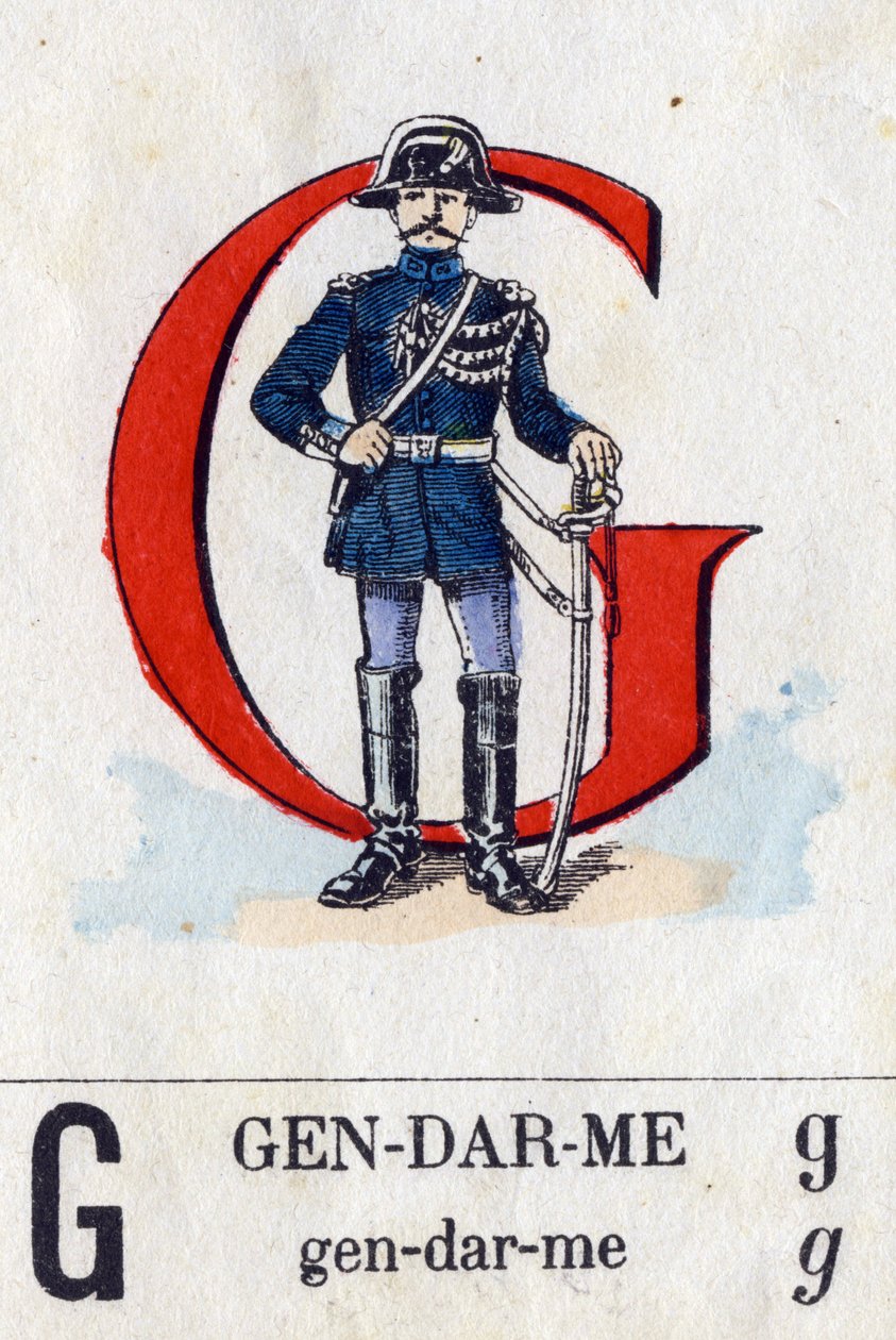 Bokstav G som konstabel. Militært alfabet. Avbildning av Epinal, rundt 1870-1880. Sjablongfargede tresnitt av French School