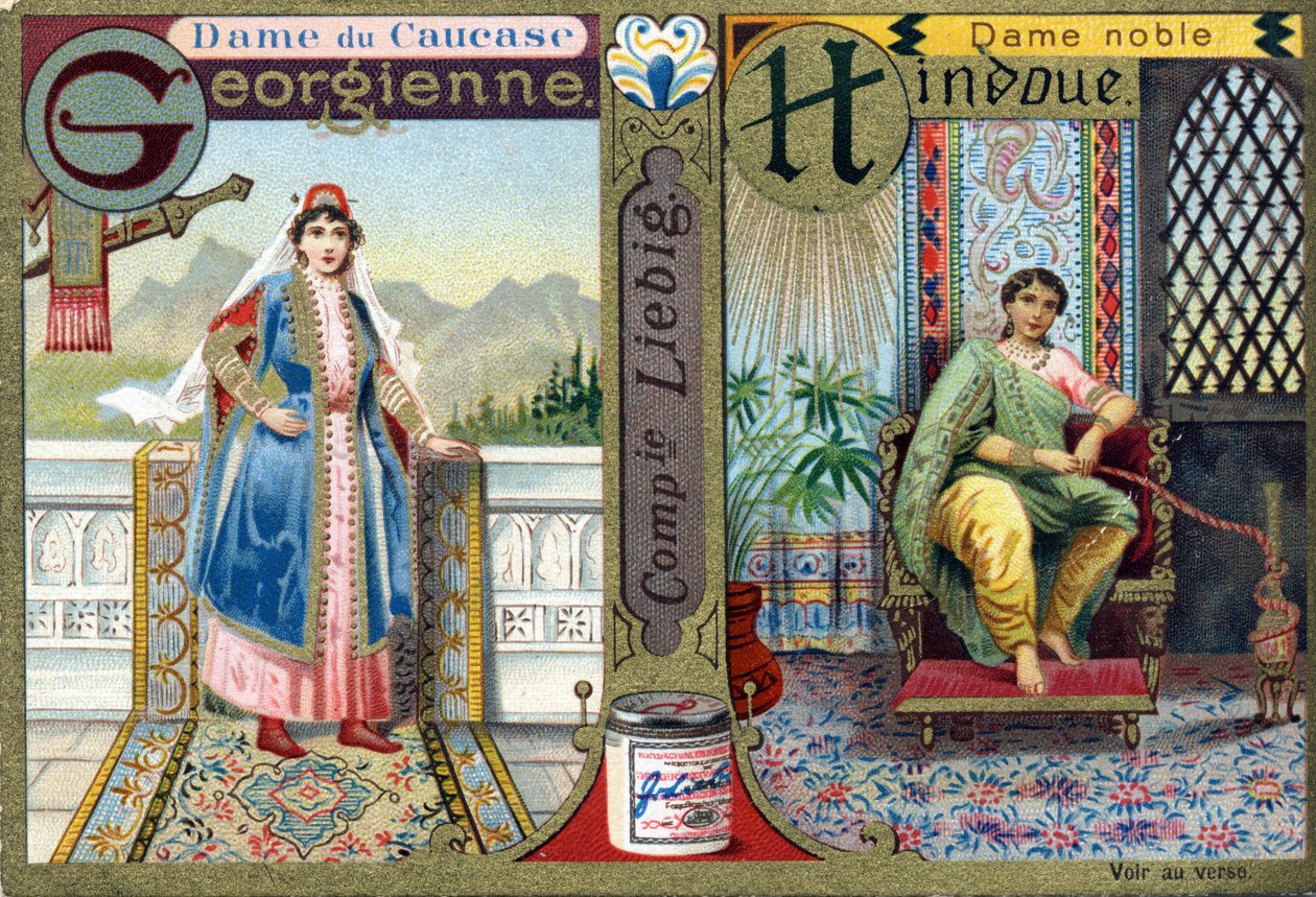 Bokstaven G som georgisk Kaukasus-dame og H som hinduistisk edeldame. Kvinners alfabet. Serie på 12 bilder. Liebig-reklame av French School