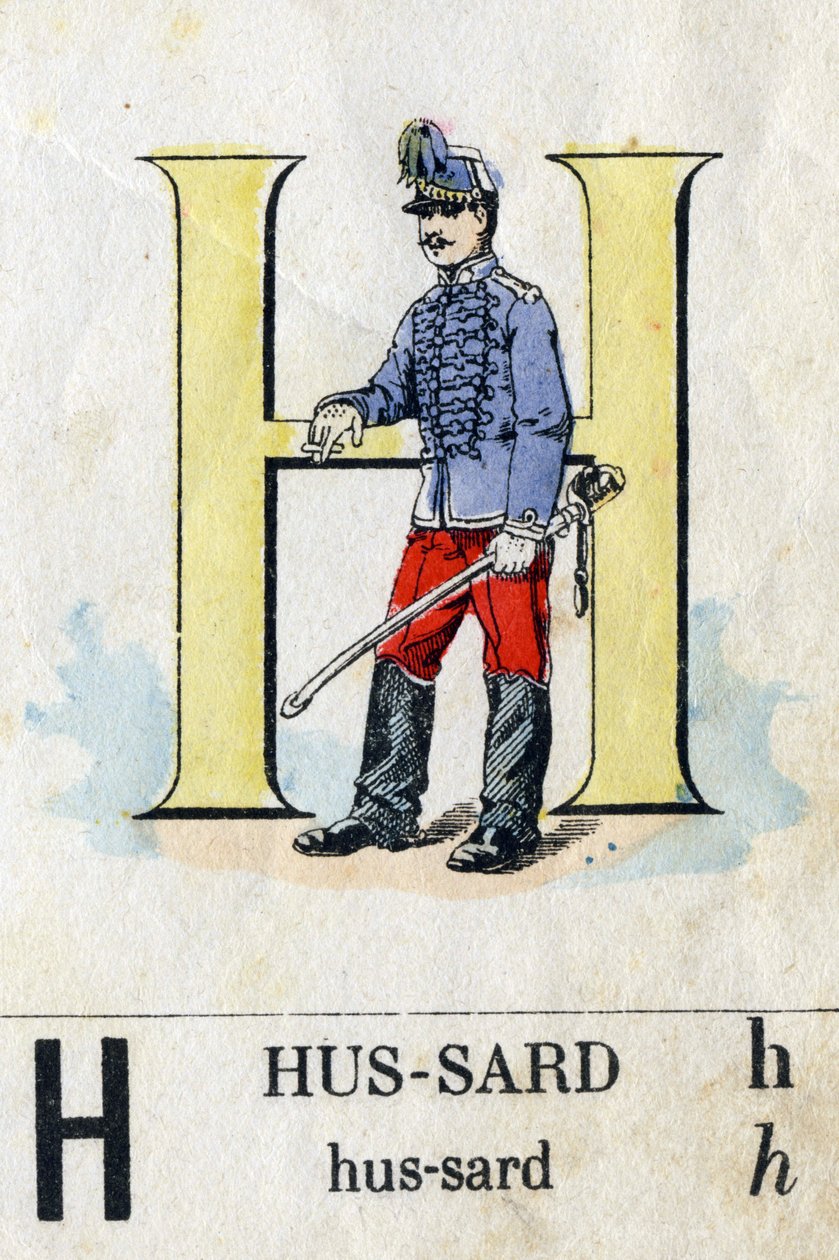 Bokstaven H som hussard. Militært alfabet. Avbildning av Epinal, rundt 1870-1880. Sjablongfargede tresnitt av French School