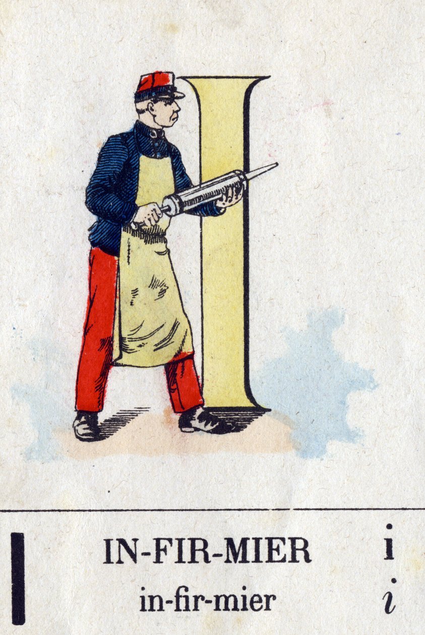 Bokstav I som sykepleier. Militært alfabet. Avbildning av Epinal, rundt 1870-1880. Sjablongfargede tresnitt av French School
