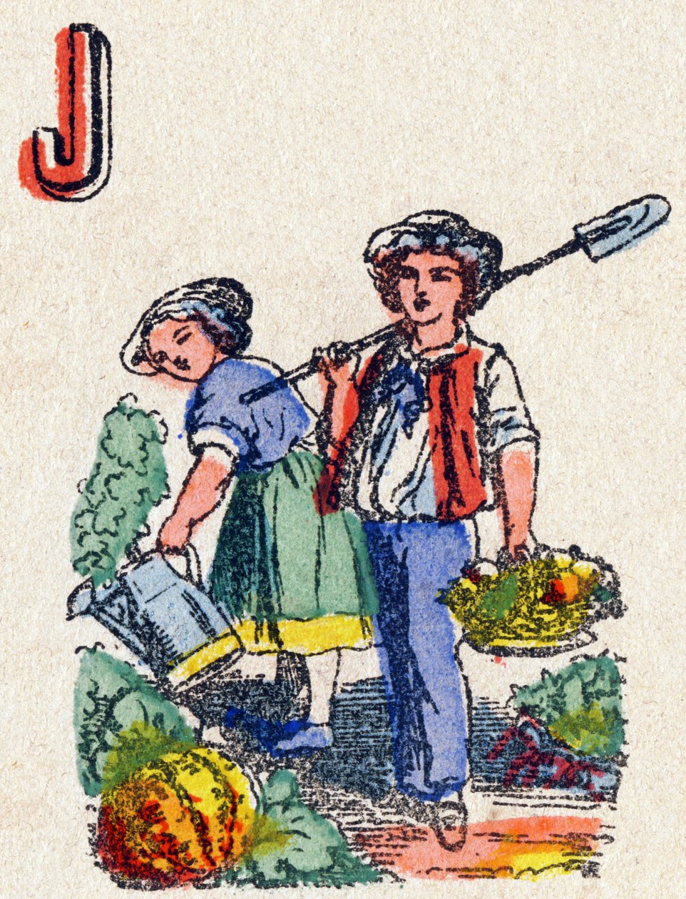 Bokstav J Gartnere. Gravering i "Alphabet des jeux"". Mr. Vagne, redaktør, Pont-a-Mousson, sent på 1800-tallet. Rosa serie. 12 sider. Album som inneholder en forenklet lesemetode og et illustrert abecedary. Mål: 16,5x11 cm av French School