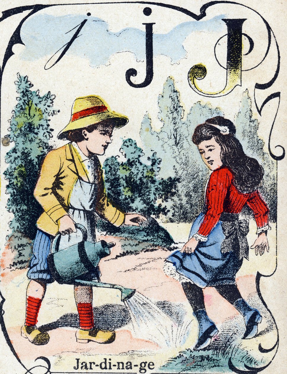 Bokstav J: Hagearbeid. Gravering i "ABC des joux pour petits boys". Avbildning av Pont-a-Mousson, Louis Vagne, trykkeri-utgiver, sent på 1800-tallet. Mål: 32,5x25 cm av French School