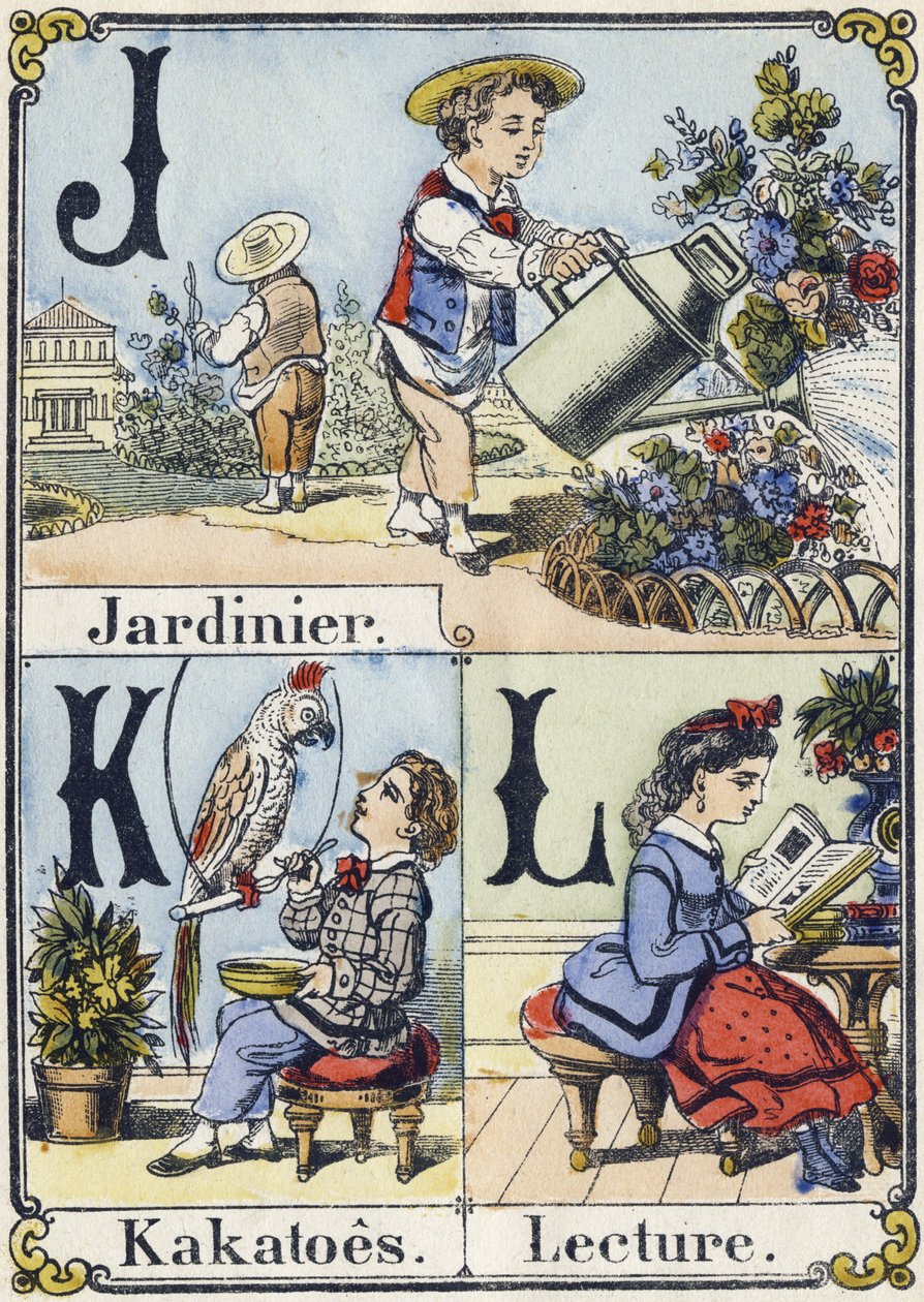 Bokstav J, K og L: gartner, kakatoes og lesing. Rekreativt alfabet. Epinal avbildning. Sjablongert trestikk, ca 1880. Lite 16 siders hefte av French School