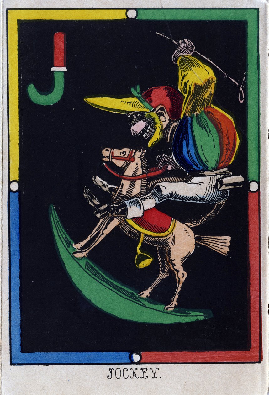 Bokstaven J som jockey (ape på gyngehest). Alfabetet av aper. Tregravering. Avbildning av Epinal av French School